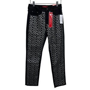 Guess Womens Black Rhinestone Logo Jeans Size 2 26 XS High Rise Straight Leg